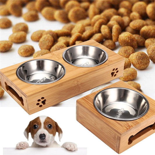 Comedero doble con soporte de bambú🐾