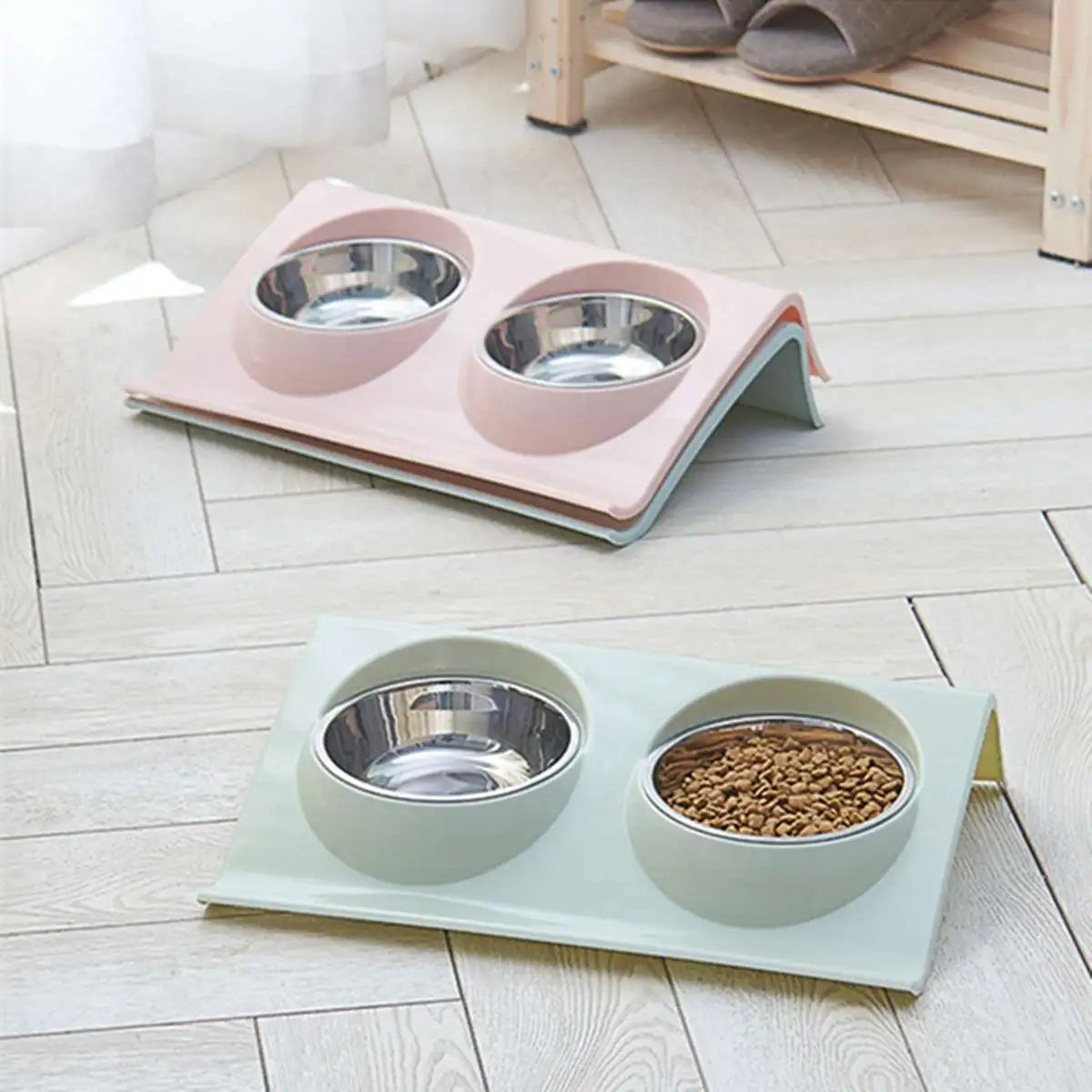 Comedero Doble de Acero Inoxidable para Mascotas, Comida y Agua